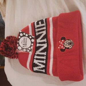 Disney "Minnie" Mouse beanie hat with fringe Puff on top red black white pom pom